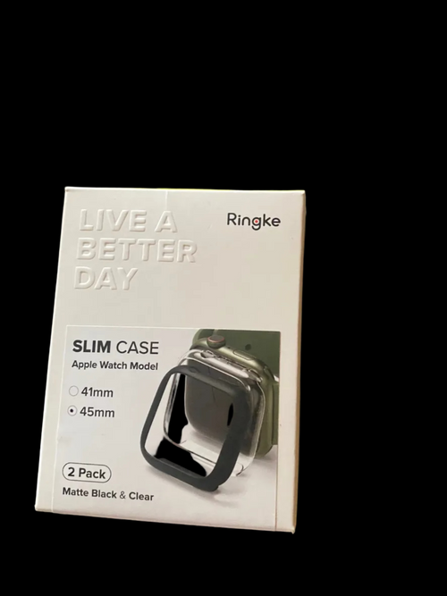 Box of Ringke slim case for Apple Watch on a green fabric background
